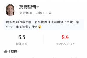 莫德里奇半场数据:17次传球成功率82.4% 1解围 1抢断 2夺回球权